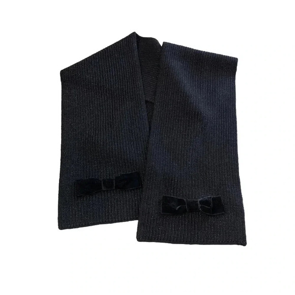 Kate Spade New York Grosgrain Bow Muffler Knit Scarf Black With Black Velvet Bow - Picture 1 of 6